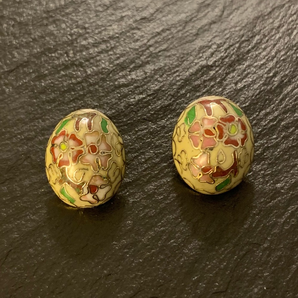 Vintage Cloisonne Enamel Clip On Earrings